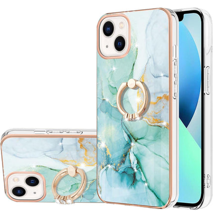 Marble Pattern Hybrid Hard Back Soft TPU Bumper Case Cover with Ring Holder Stand for iPhone 11/12/13/14/15 - Row