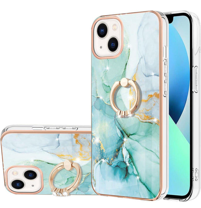 Marble Pattern Hybrid Hard Back Soft TPU Bumper Case Cover with Ring Holder Stand for iPhone 11/12/13/14/15 - Row