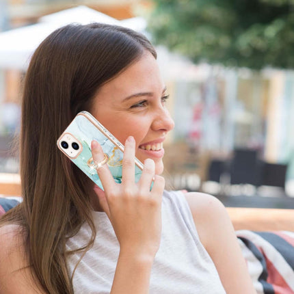 Marble Pattern Hybrid Hard Back Soft TPU Bumper Case Cover with Ring Holder Stand for iPhone 11/12/13/14/15 - Row