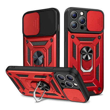 Slide Camera with Ring Stand, Heavy Duty Military Grade Shockproof Rugged Case for iPhone 11/12/13/14/15 - Row
