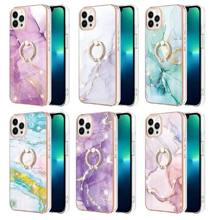 Marble Pattern Hybrid Hard Back Soft TPU Bumper Case Cover with Ring Holder Stand for iPhone 11/12/13/14/15 - Row