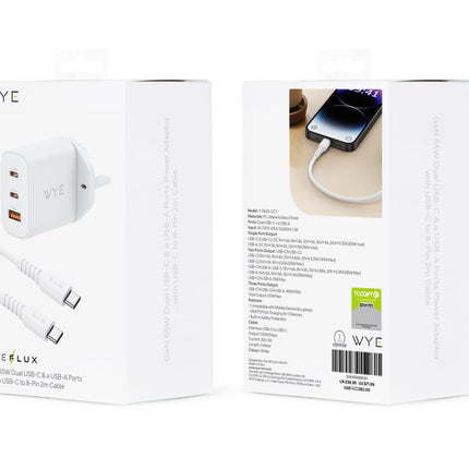 GaN 65W Dual USB-C & a USB-A Ports a with USB-C to Lightning 2m Cable