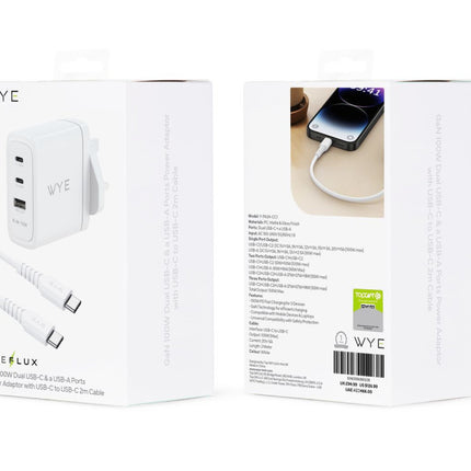 GaN 100W Dual USB-C & a USB-A Ports Power Adaptor with USB-C to USB-C 2m Cable