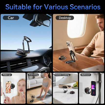 360° Adjustable Vacuum Magnetic Phone Holder & Detachable Stand – 36×N52 Magnets (2400gf), 78LB Suction Cup, Ultra-Thin Folding MagSafe Bracket, Open-Ring Design – For Car/Shower/Kitchen/Gym/Bathroom – iPhone & All Phones – Black