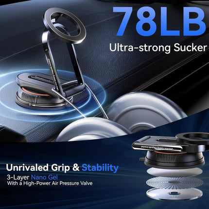 360° Adjustable Vacuum Magnetic Phone Holder & Detachable Stand – 36×N52 Magnets (2400gf), 78LB Suction Cup, Ultra-Thin Folding MagSafe Bracket, Open-Ring Design – For Car/Shower/Kitchen/Gym/Bathroom – iPhone & All Phones – Black