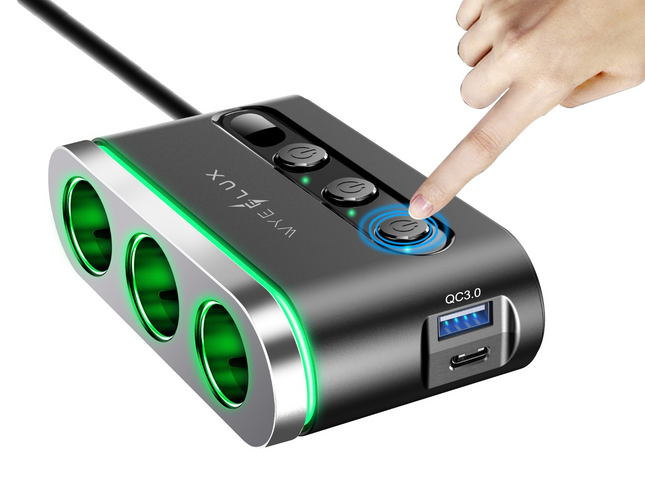 120W In-Car Charger with 3 x Cigarette Lighter Sockets + USB-A & USB-C Ports (12 Months Warranty)