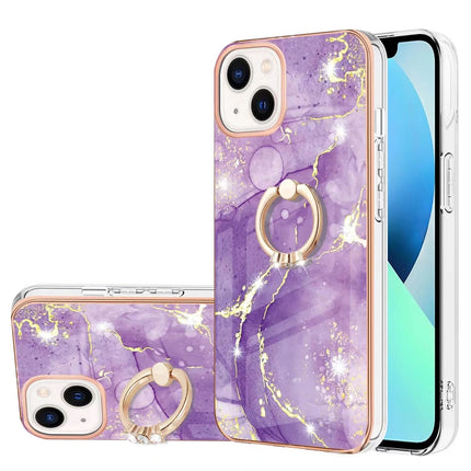 Marble Pattern Hybrid Hard Back Soft TPU Bumper Case Cover with Ring Holder Stand for iPhone 11/12/13/14/15 - Row