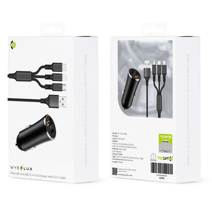 WYEFLUX 17W USB-A & USB-C In-Car Charger With 3-In-1 Cable
