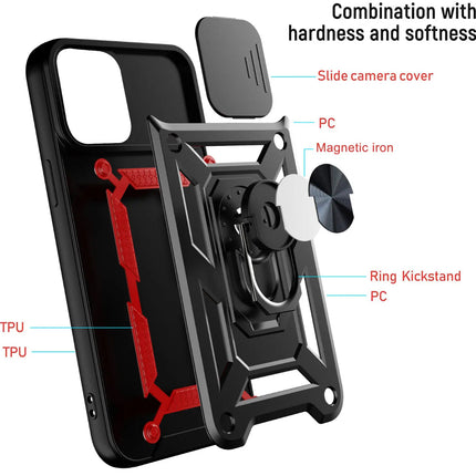 Slide Camera with Ring Stand, Heavy Duty Military Grade Shockproof Rugged Case for iPhone 11/12/13/14/15 - Row