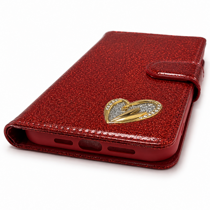 iPhone 15 Pro Wallet Heart Shiny Case-Red