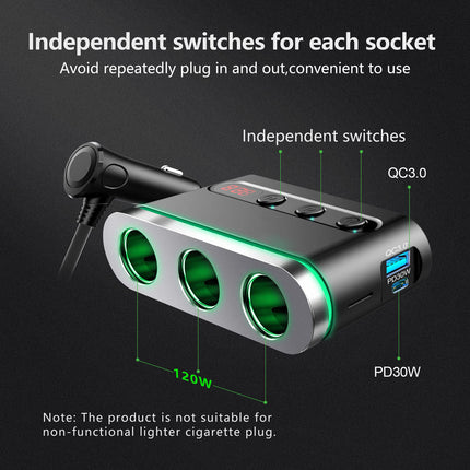 120W In-Car Charger with 3 x Cigarette Lighter Sockets + USB-A & USB-C Ports (12 Months Warranty)