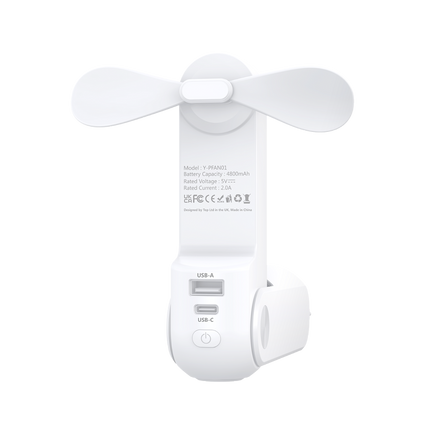 3-in-1 Mini Handheld Fan, Power Bank & Flashlight.