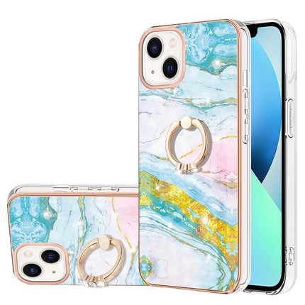 Marble Pattern Hybrid Hard Back Soft TPU Bumper Case Cover with Ring Holder Stand for iPhone 11/12/13/14/15 - Row