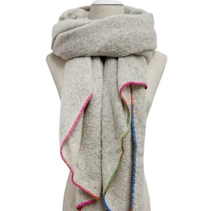Plain Contrast Stitch Wool Diagonal Edge Scarf