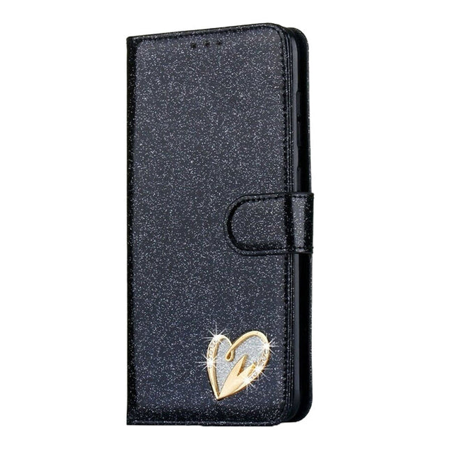 iPhone 16 Pro Max Shiny Wallet Case with Heart Design | Luxury Flip Cover + FREE 1 Pack 6D Tempered Glass