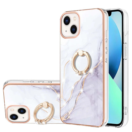 Marble Pattern Hybrid Hard Back Soft TPU Bumper Case Cover with Ring Holder Stand for iPhone 11/12/13/14/15 - Row