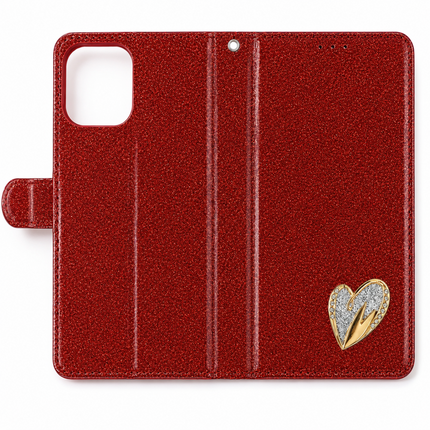 iPhone 15 Pro Wallet Heart Shiny Case-Red