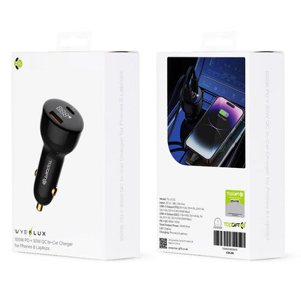 WYEFLUX 100W PD + 30W QC In-Car Charger For Phones & Laptops