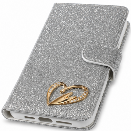 iPhone 15 Pro Wallet Heart Shiny Case-Red