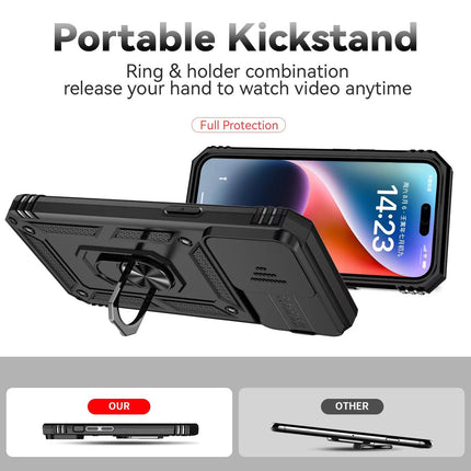 Slide Camera with Ring Stand, Heavy Duty Military Grade Shockproof Rugged Case for iPhone 11/12/13/14/15 - Row