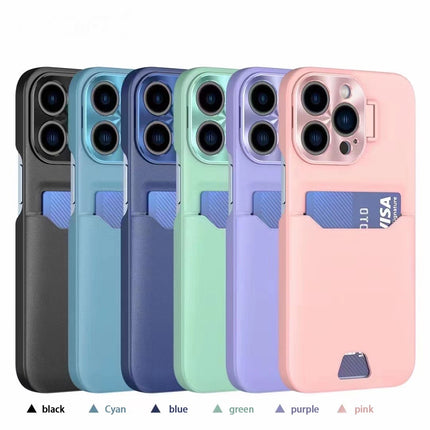 Metal Invisible Lens Protect Bracket Stand with Card Holder Case for iPhone 13/14/15 - Row
