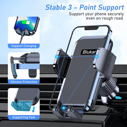 Car Phone Holder Air Vent Mount Cradle – Steel Hook Triangular Structure, Double Lock, One-Button Quick Release, 360° Rotation, 3-Point Silicone Support, Charge-Friendly – Universal Fit 4.0"–6.7" iPhone Samsung Galaxy Android – Black