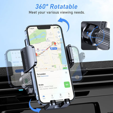 Car Phone Holder Air Vent Mount Cradle – Steel Hook Triangular Structure, Double Lock, One-Button Quick Release, 360° Rotation, 3-Point Silicone Support, Charge-Friendly – Universal Fit 4.0"–6.7" iPhone Samsung Galaxy Android – Black