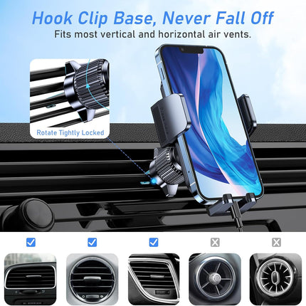 Car Phone Holder Air Vent Mount Cradle – Steel Hook Triangular Structure, Double Lock, One-Button Quick Release, 360° Rotation, 3-Point Silicone Support, Charge-Friendly – Universal Fit 4.0"–6.7" iPhone Samsung Galaxy Android – Black