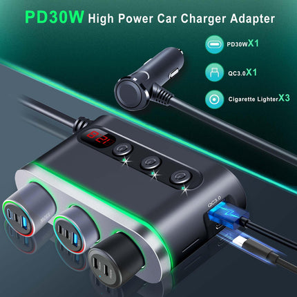 120W In-Car Charger with 3 x Cigarette Lighter Sockets + USB-A & USB-C Ports (12 Months Warranty)