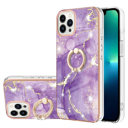 Marble Pattern Hybrid Hard Back Soft TPU Bumper Case Cover with Ring Holder Stand for iPhone 11/12/13/14/15 - Row