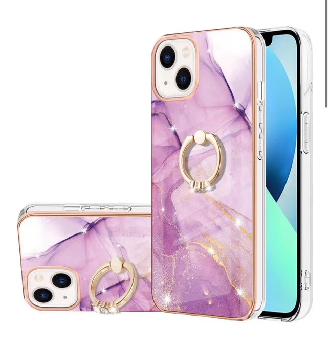 iPhone 15 Ring Holder Stand Marble Case + Free 6D Tempered Glass