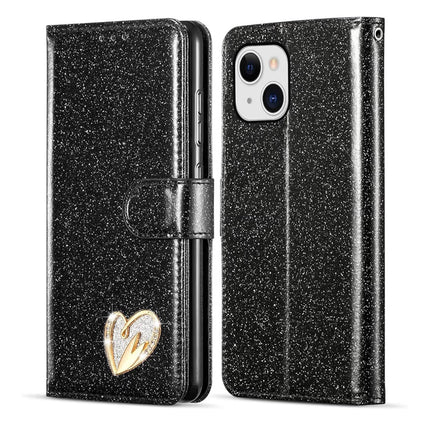 iPhone 13 Wallet Heart Shiny Glitter Case with Card Holder + FREE 6D Tempered Glass Screen Protector – Shockproof Luxury Sparkle Protective Cover