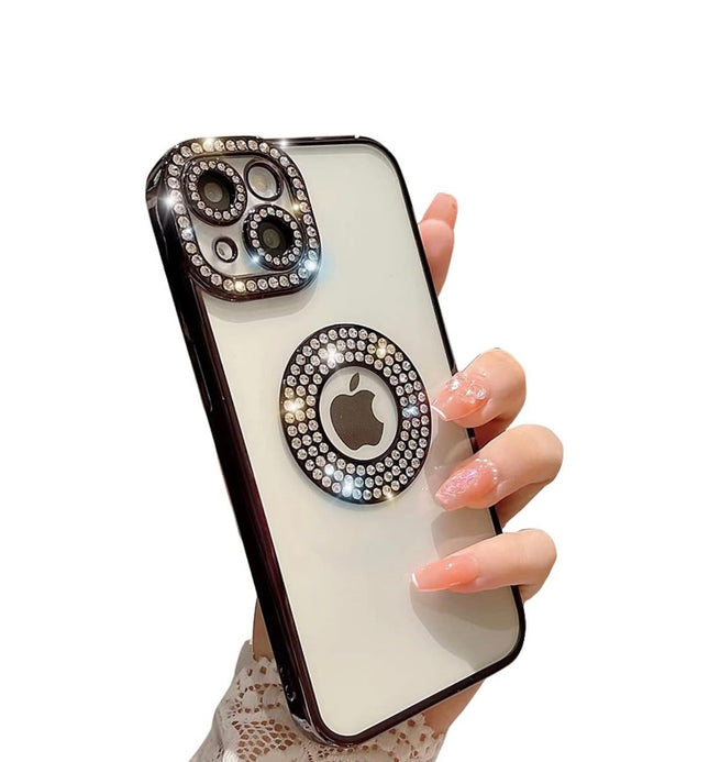 iPhone 15 CD Case with Glittery Diamond Strip + Free 6D Tempered Glass