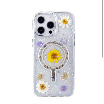 iPhone 14 Pro Max Blingy Floral MagCharge Case with Sparkle Design + FREE 6D Tempered Glass Screen Protector – Shockproof Luxury MagSafe Protective Cover