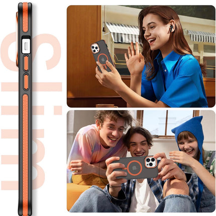 Phone case with orange accent shown on a white background, with people using the phone in two different settings.