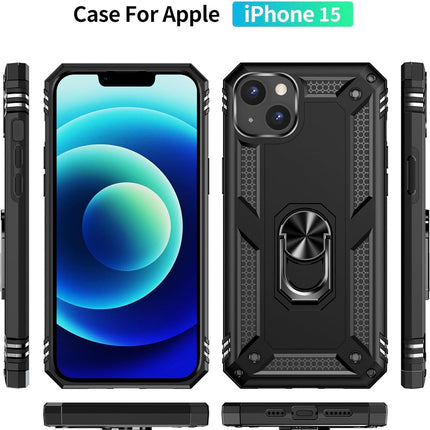 iPhone 15 Tech Ring Armor Case with Kickstand + Free 6D Tempered Glass Protector