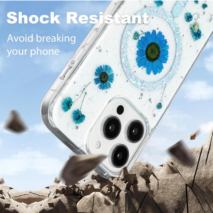 iPhone 14 Pro Max Blingy Floral MagCharge Case with Sparkle Design + FREE 6D Tempered Glass Screen Protector – Shockproof Luxury MagSafe Protective Cover