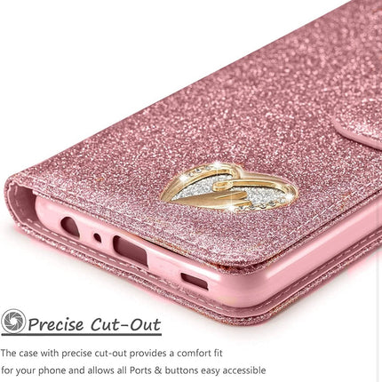 iPhone 13 Wallet Heart Shiny Glitter Case with Card Holder + FREE 6D Tempered Glass Screen Protector – Shockproof Luxury Sparkle Protective Cover