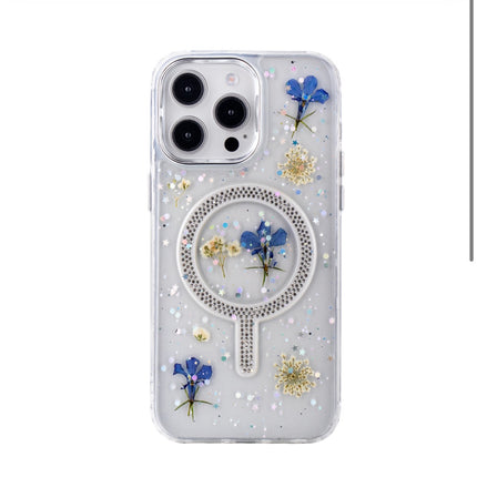 iPhone 14 Pro Max Blingy Floral MagCharge Case with Sparkle Design + FREE 6D Tempered Glass Screen Protector – Shockproof Luxury MagSafe Protective Cover