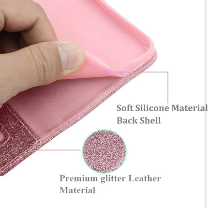 iPhone 13 Wallet Heart Shiny Glitter Case with Card Holder + FREE 6D Tempered Glass Screen Protector – Shockproof Luxury Sparkle Protective Cover