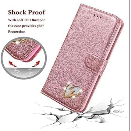 iPhone 13 Wallet Heart Shiny Glitter Case with Card Holder + FREE 6D Tempered Glass Screen Protector – Shockproof Luxury Sparkle Protective Cover