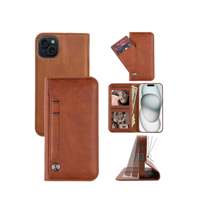 iPhone 15 Wallet Slide Pocket Case with Card Holder + FREE 6D Tempered Glass Screen Protector – Shockproof Protective Phone Cover