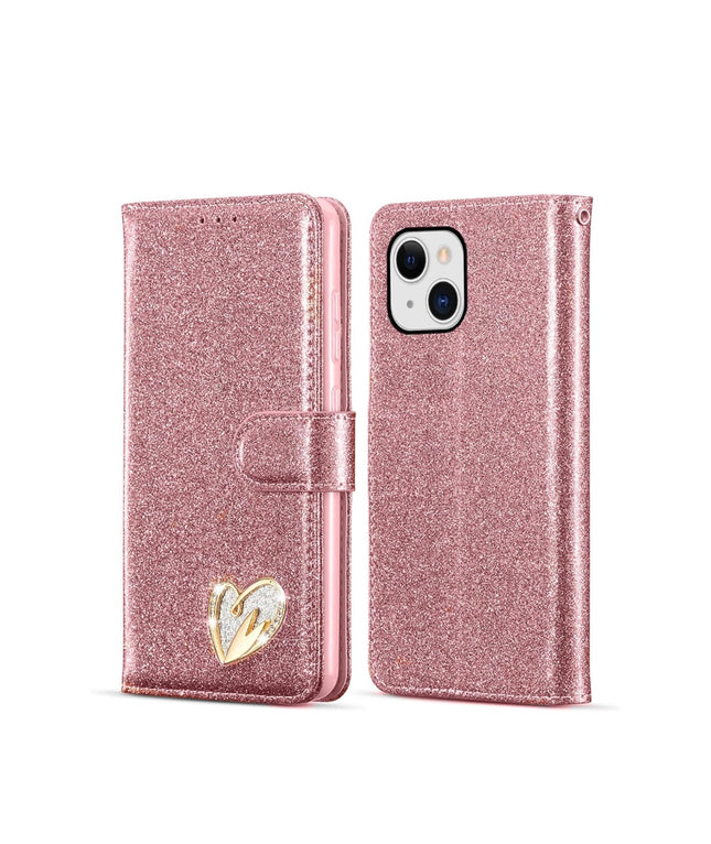 iPhone 15 Wallet Heart Shiny Glitter Case with Card Holder + Free 6D Tempered Glass