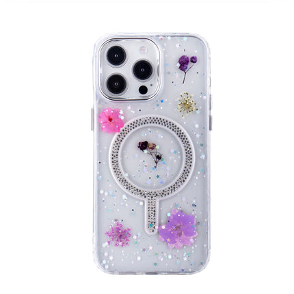 iPhone 14 Pro Max Blingy Floral MagCharge Case with Sparkle Design + FREE 6D Tempered Glass Screen Protector – Shockproof Luxury MagSafe Protective Cover