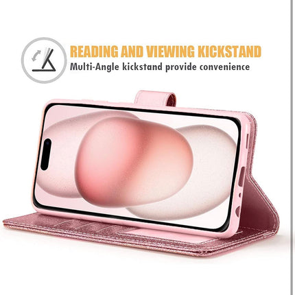 iPhone 13 Wallet Heart Shiny Glitter Case with Card Holder + FREE 6D Tempered Glass Screen Protector – Shockproof Luxury Sparkle Protective Cover