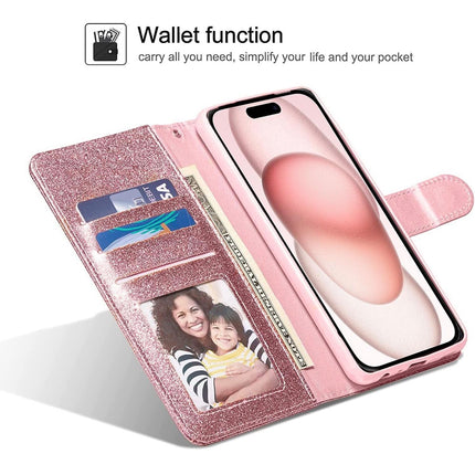 iPhone 13 Wallet Heart Shiny Glitter Case with Card Holder + FREE 6D Tempered Glass Screen Protector – Shockproof Luxury Sparkle Protective Cover