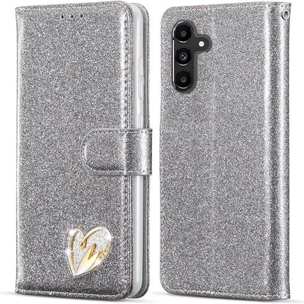 Galaxy S25 Plus, Premium Shiny Bling Glitter Loving Heart Book Flip Stand Wallet Card Phone Case + FREE 6D Tempered Glass Screen Protector