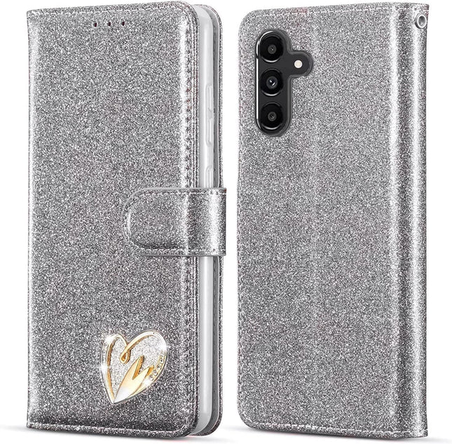 Galaxy S25 Plus, Premium Shiny Bling Glitter Loving Heart Book Flip Stand Wallet Card Phone Case + FREE 6D Tempered Glass Screen Protector