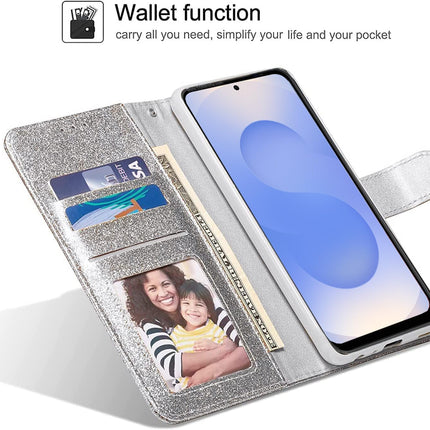Galaxy S25 Plus, Premium Shiny Bling Glitter Loving Heart Book Flip Stand Wallet Card Phone Case + FREE 6D Tempered Glass Screen Protector