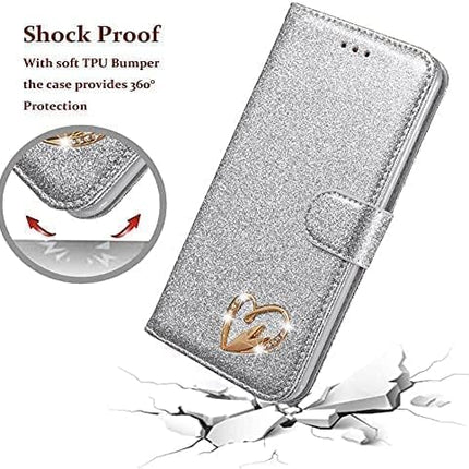 Galaxy S25 Plus, Premium Shiny Bling Glitter Loving Heart Book Flip Stand Wallet Card Phone Case + FREE 6D Tempered Glass Screen Protector